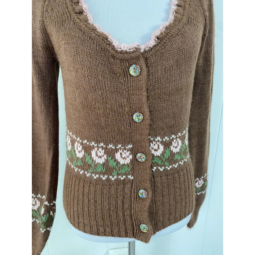 NWT Kimchi Blue Urban‎ Outfitters M Brown Floral Ruffle V-Neck Cardigan Coquette - Picture 11 of 12